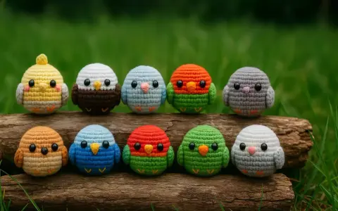 Diez adorables pajaritos de ganchillo, de varios colores, sentados en un tronco. ¡Perfectos patrones para crear tu propia bandada!