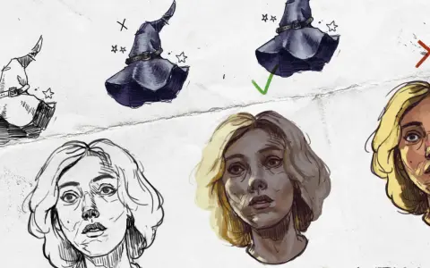 Szkice postaci i kapeluszy czarownic, pokazujące proces tworzenia w digital painting. Kurs artystyczny.