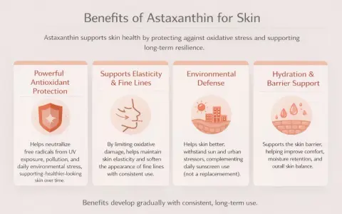 Les bienfaits de l'astaxanthine pour la peau : protection antioxydante, élasticité, défense environnementale et soutien de la barrière cutanée.