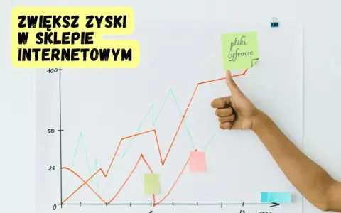 Wykres wzrostu zysków w sklepie internetowym. Kciuk w górę i notatka "pliki cyfrowe" sugerują sukces tej formy sprzedaży.
