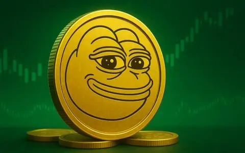 Złota moneta z wizerunkiem Pepe na tle zielonego wykresu świecowego. Pepe coin wykres pokazuje potencjalny wzrost.