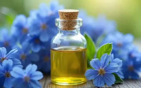 Flacon d'huile de bourrache aux multiples bienfaits, entouré de fleurs bleues délicates sur fond vert.