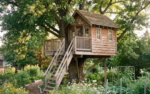 Ein wunderschönes Baumhaus, das zum baumhaus selber bauen inspiriert. Umgeben von einem blühenden Garten und alten Bäumen.