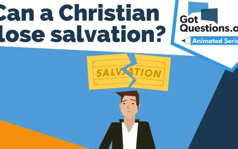 A sad man looks up at a broken "Salvation" sign, questioning if a Christian can lose their salvation. GotQuestions.org Animated Series.