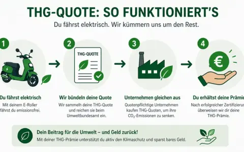 Schritt-für-Schritt-Anleitung zur THG-Quote: E-Roller fahren, Quote bündeln, Unternehmen gleichen aus, Prämie erhalten. Dein Beitrag für Umwelt & Geld.