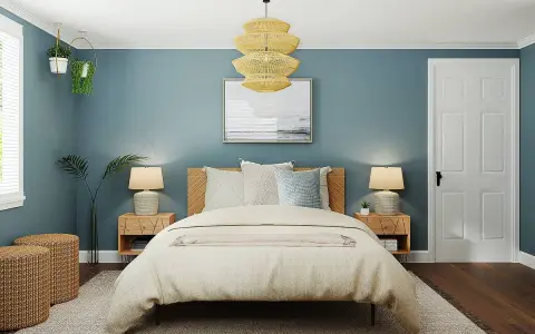 Habitación con paredes azul petróleo, cama acogedora y detalles en madera. Ideas de colores para habitaciones que inspiran calma y serenidad.