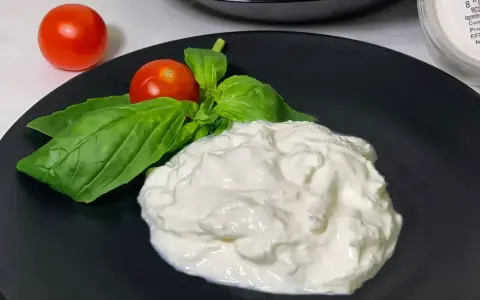 En krämig hög av stracciatella ost med färska basilikablad och körsbärstomater på en svart tallrik.