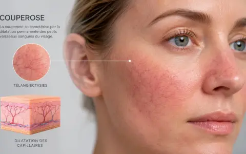Gros plan sur le visage d'une femme montrant la couperose, avec des vaisseaux sanguins dilatés sur les joues. Des schémas expliquent la dilatation des capillaires.