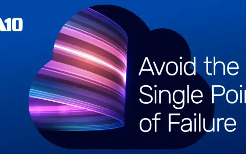 A10 logo and text "Avoid the Single Point of Failure" over a dark blue background with a swirling, abstract cloud-like shape filled with colorful, glowing stripes.