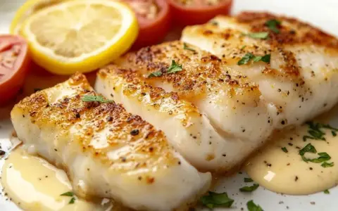 Délicieux dos de cabillaud au four, servi avec des quartiers de citron, des tomates cerises et une sauce onctueuse.