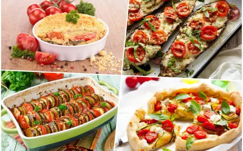 Quatre plats d'été colorés : gratin de légumes, aubergines farcies, ratatouille et tarte salée. Parfaites pour une recette été.