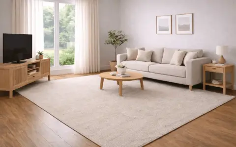 Ett ljust och luftigt beige vardagsrum med en stor soffa, soffbord och TV-bänk. En stor, mjuk matta täcker golvet.