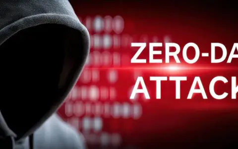 Sylwetka hakera w kapturze na tle czerwonego ekranu z napisem "ZERO-DAY ATTACK" i rozmytym kodem binarnym.