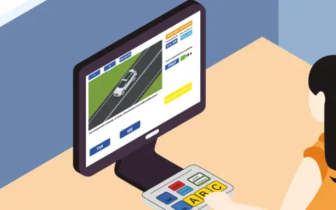Osoba rozwiązuje test na prawo jazdy na komputerze. Ile razy dziennie można zdawać egzamin teoretyczny na prawo jazdy? Nie ma limitu, można próbować wielokrotnie.