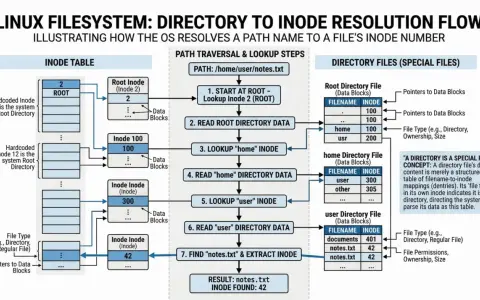 Schemat pokazuje, jak system Linux odnajduje plik, przechodząc przez katalogi, by join js do jego numeru inode.