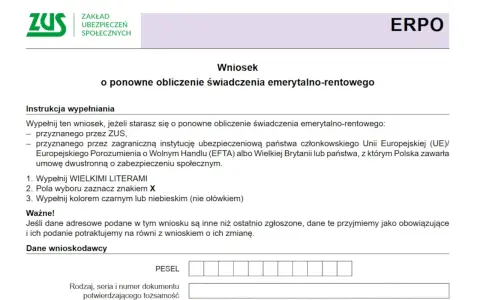Wniosek o ponowne obliczenie emerytury lub renty. Instrukcja wypełniania wniosku, jak obliczyć emeryturę, dane wnioskodawcy.