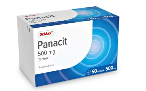 Opakowanie leku Panacit 500 mg, zawierające 50 tabletek z paracetamolem. Idealny na ból głowy.