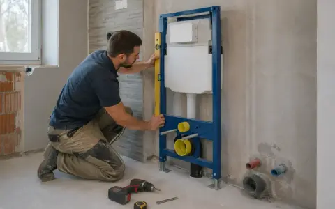 Instalator sprawdza pion podłączenia geberitu do odpływu. Obok leżą narzędzia.