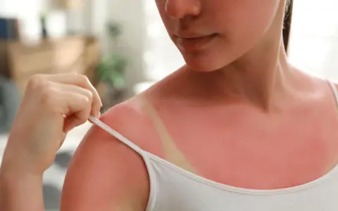 Épaule rouge vif, signe d'un coup de soleil. Une main tire la bretelle d'un débardeur blanc, révélant la peau brûlée par le soleil. Que mettre sur un coup de soleil ?