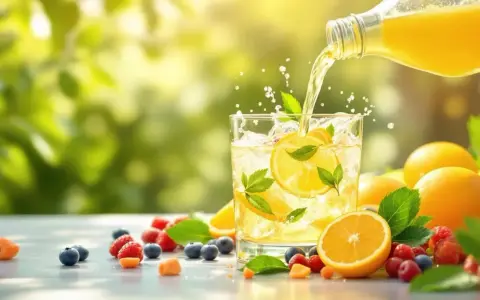 Verre de boisson rafraîchissante avec des rondelles de citron et des feuilles de menthe, arrosé d'un liquide jaune. Autour, des fruits rouges, des myrtilles et des oranges. Une boisson parfaite pour l'hydratation, une eau electrolyte naturelle.