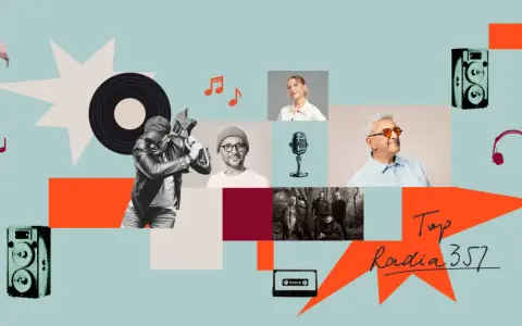 Muzyczna kolażowa grafika z latającą świnią, płytą winylową, ludźmi, mikrofonem, głośnikami i napisem "Top Radia 357".