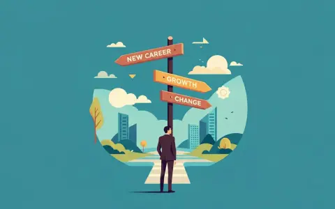 Mężczyzna stoi przed drogowskazem z napisami "New Career", "Growth", "Change". Symbolizuje to moment decyzji o przekwalifikowaniu zawodowym.