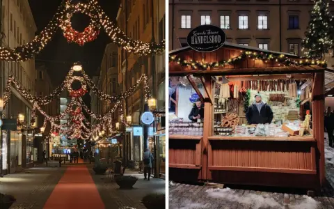 Julbelysning i Stockholm skapar magi på en marknad. En bod säljer korv och godsaker.