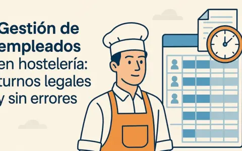 Chef sonriente junto a un horario de turnos y un reloj. Gestión de empleados en hostelería: turnos legales y sin errores.