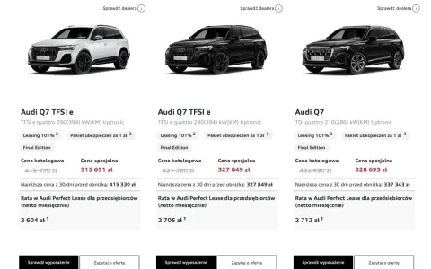 Trzy modele Audi Q7: biały TFSI e, czarny TFSI e i czarny TDI. Sprawdź audi q7 cena i oferty leasingu.