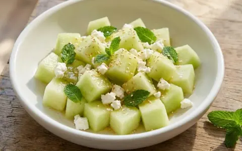 Salade melon feta rafraîchissante, parsemée de menthe fraîche et de graines de sésame, servie dans un bol blanc sur une table en bois.