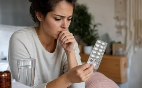 Donna preoccupata guarda un blister di pillole, forse per curare la candida dopo antibiotico.