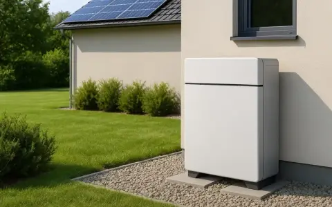 Nowoczesny magazyn energii do fotowoltaiki 10 kW stoi obok domu z panelami słonecznymi.