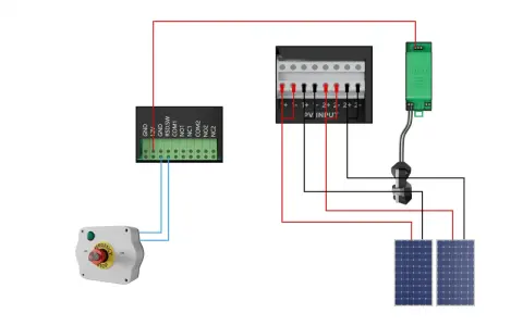 Schema för solcellsanläggning med brandmansbrytare. En grön Tigo-enhet, PV-ingång och en nödstoppknapp är kopplade till solpaneler.