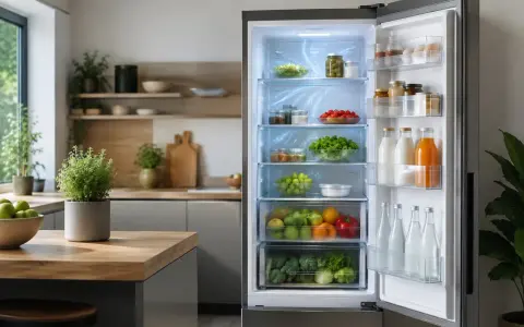 Nowoczesna lodówka no frost z mnóstwem świeżych warzyw i owoców. Zastanawiasz się, jak często powinna włączać się lodówka no frost? Ta zapewnia optymalną temperaturę.
