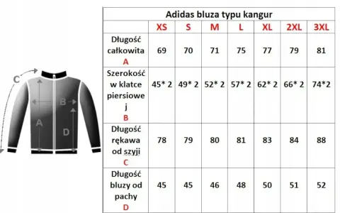 Tabela rozmiarów bluzy Adidas. XXL jaki to rozmiar? Sprawdź wymiary: długość całkowita 81 cm, szerokość w klatce 74*2 cm, długość rękawa 88 cm, długość bluzy od pachy 52 cm.
