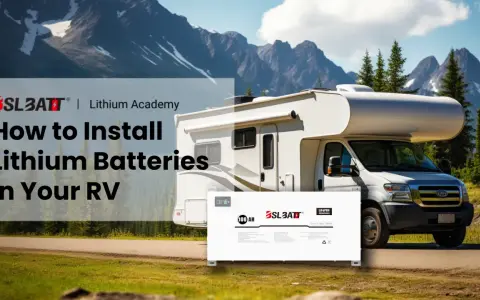 En husbil står parkerad i bergig natur. Framför husbilen syns ett bms batteri, redo för installation.