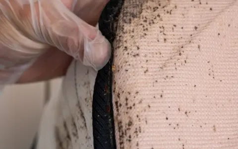 Guante de látex revisa manchas de chinches en el colchon, evidencia de una infestación.
