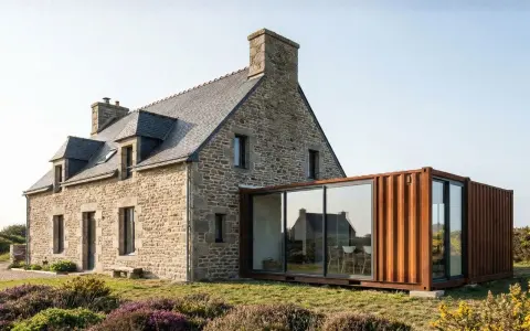 Maison en pierre avec une extension moderne en container maritime vitrée, offrant une vue sur la campagne fleurie.
