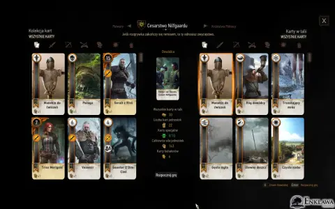 Kolekcja kart Wiedźmin 3: Pełna kolekcja kart Nilfgaardu. Widoczne karty: Geralt, Triss, Vesemir, Pożoga, Manekin do ćwiczeń, Gęsta mgła.
