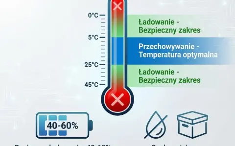 Termometr pokazuje optymalne warunki dla żywotności akumulatora: ładowanie w bezpiecznym zakresie temperatur, przechowywanie w temperaturze 5-25°C, poziom naładowania 40-60% i suche miejsce.