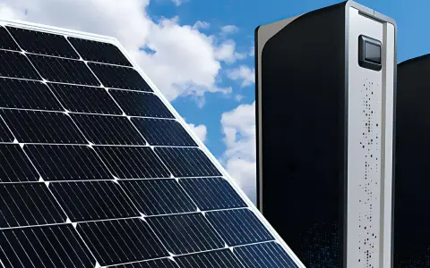 Panele słoneczne i nowoczesne jednostki do magazynowania energii elektrycznej pod błękitnym niebem.