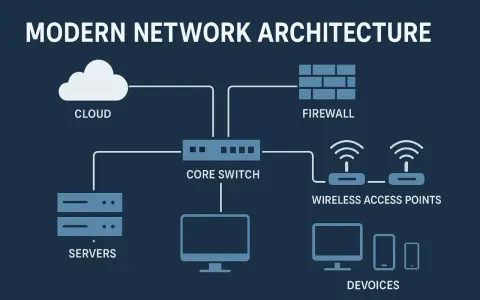 Diagram of modern network infrastructures: cloud, servers, core switch, firewall, wireless access points, and devices.