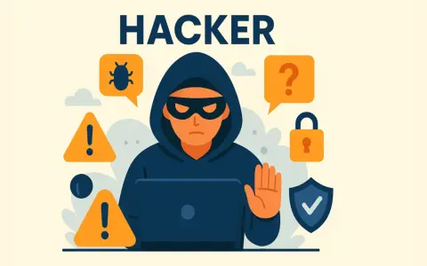 Ein schwarzer Hut Hacker mit Kapuze und Maske sitzt vor einem Laptop. Warnsymbole, ein Käfer und ein Schloss umgeben ihn.