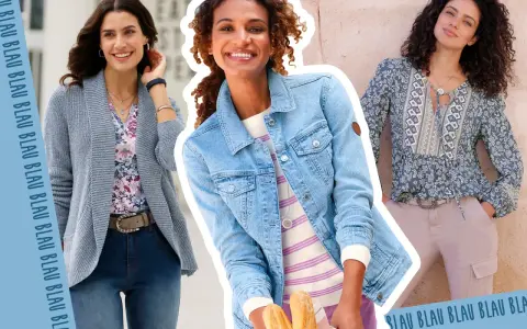 Drei Frauen präsentieren Outfits. Welche Farbe passt zu Blau? Hier sehen wir Jeans, Strickjacke und gemusterte Bluse, die alle mit Blau harmonieren.