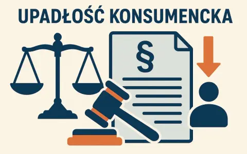 Grafika symbolizuje upadłość konsumencką. Widoczne są waga sprawiedliwości, paragraf na dokumencie, młotek sędziowski i sylwetka osoby. Wniosek o upadłość konsumencką opłata jest kluczowa.