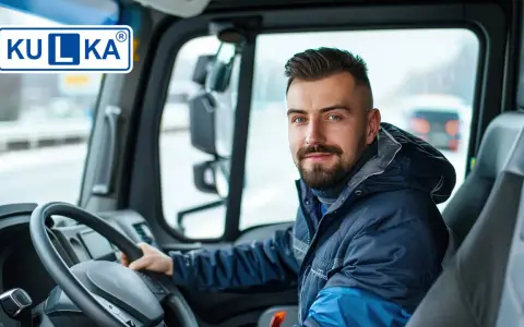 Uśmiechnięty kierowca ciężarówki, z pewnością z bezterminowym prawem jazdy, w kabinie pojazdu. Na szybie widoczny znak "KULKA".