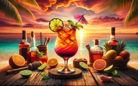 Tropikalny drink rum punch z owocami i butelkami alkoholu na plaży o zachodzie słońca.