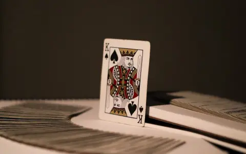 Król pik znaczenie. Pojedyncza karta, król pik, stoi na stosie kart.