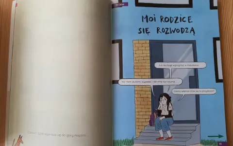 Ilustracja z książki o rozwodzie dla dzieci. Dziewczynka siedzi na schodach przed domem, czując się samotna i zagubiona.