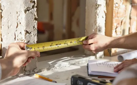 Mierzenie otworu pod drzwi 90 cm. Na stole leżą plany i poziomica.